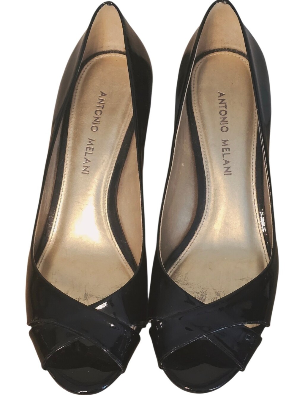 ANTONIO MELANI Black Patent Peep-Toe Kitten  Heels 7.5